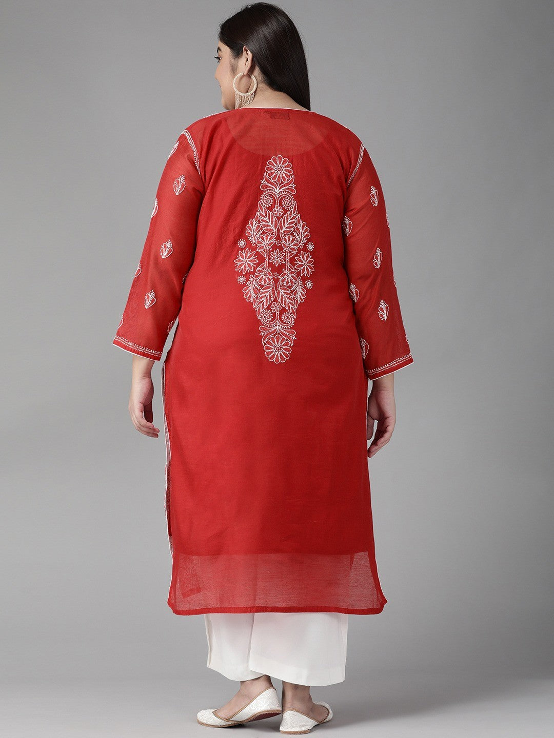 Ada Hand Embroidered Red Chanderi Lucknowi Chikankari Straight Kurta A411178