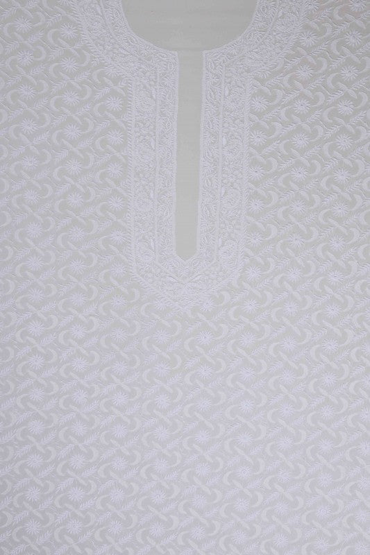 Ada Hand Embroidered White Pure Georgette Lucknowi Chikankari Unstitched Men's Kurta Piece A595414