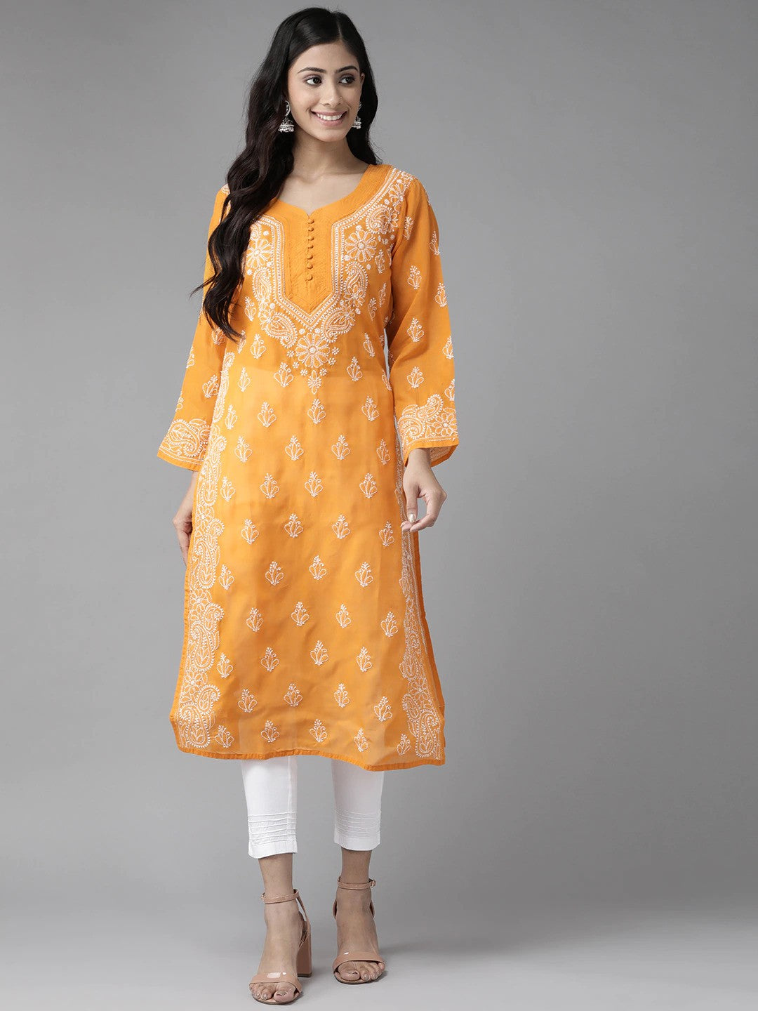 Ada Hand Embroidered Mustard/ White Cotton Lucknowi Chikankari Kurta Set-A811186