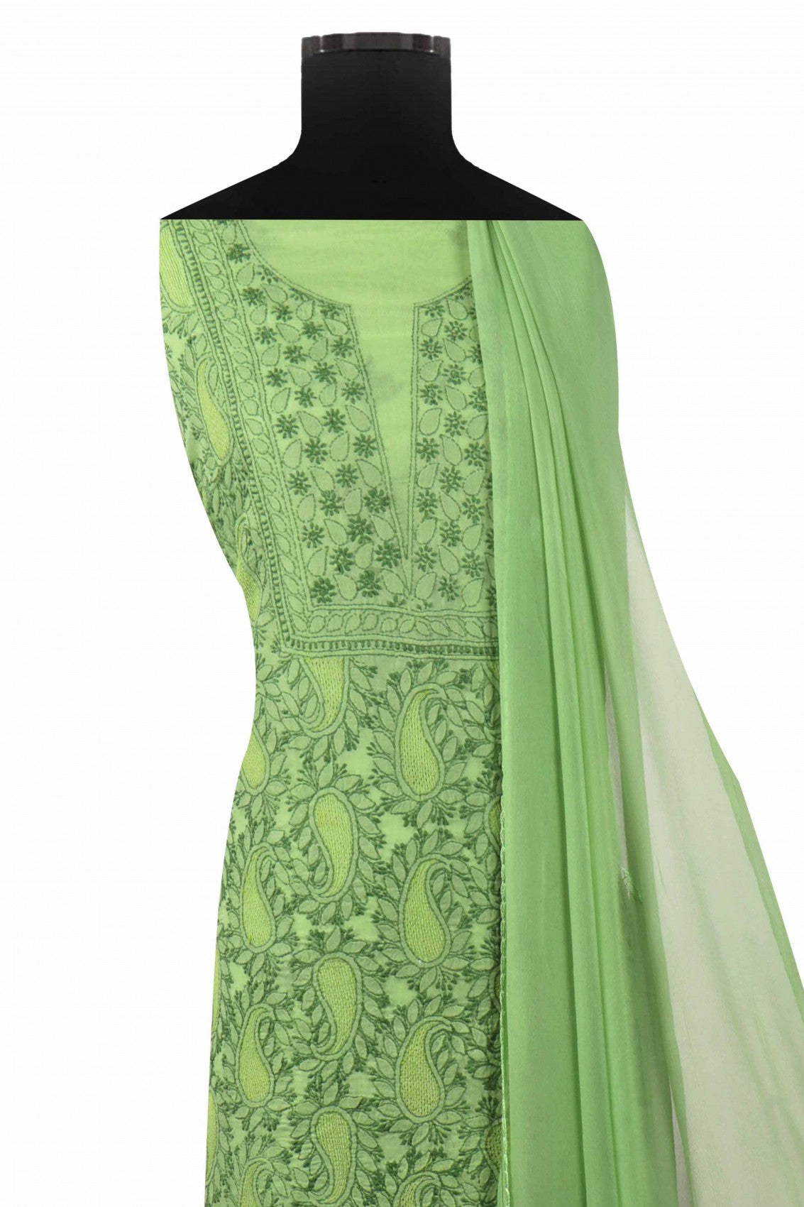 Ada Hand Embroidered Green Cotton Lucknowi Chikankari Unstitched Suit Piece 01A137022