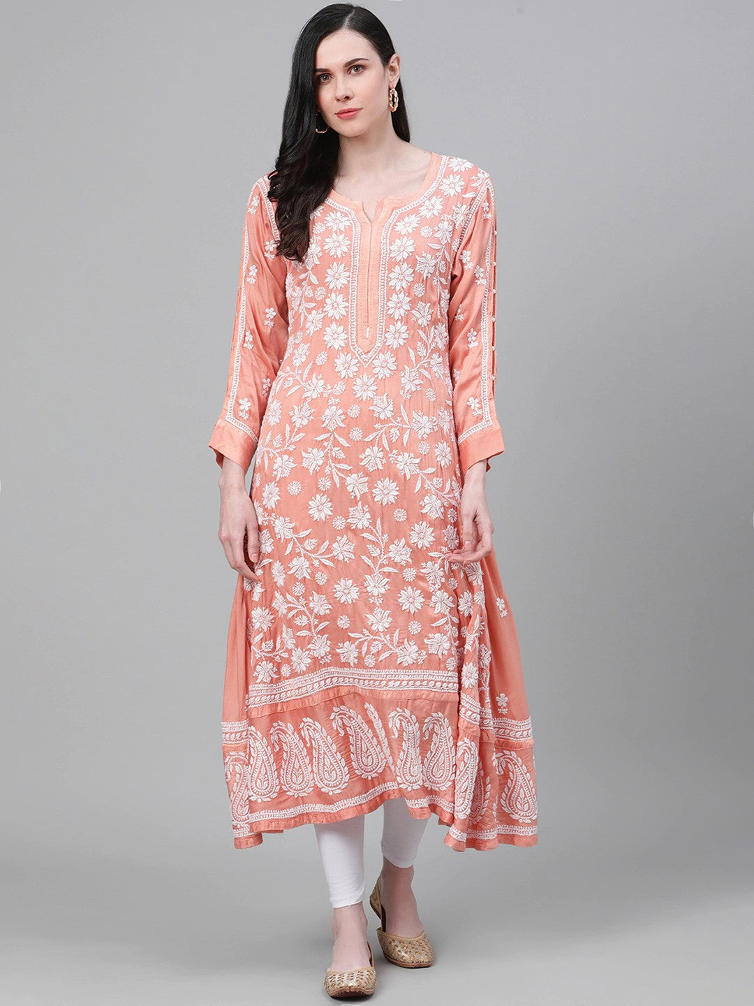 Ada Hand Embroidered Peach Satin Lucknow Chikankari Kurta-A411143