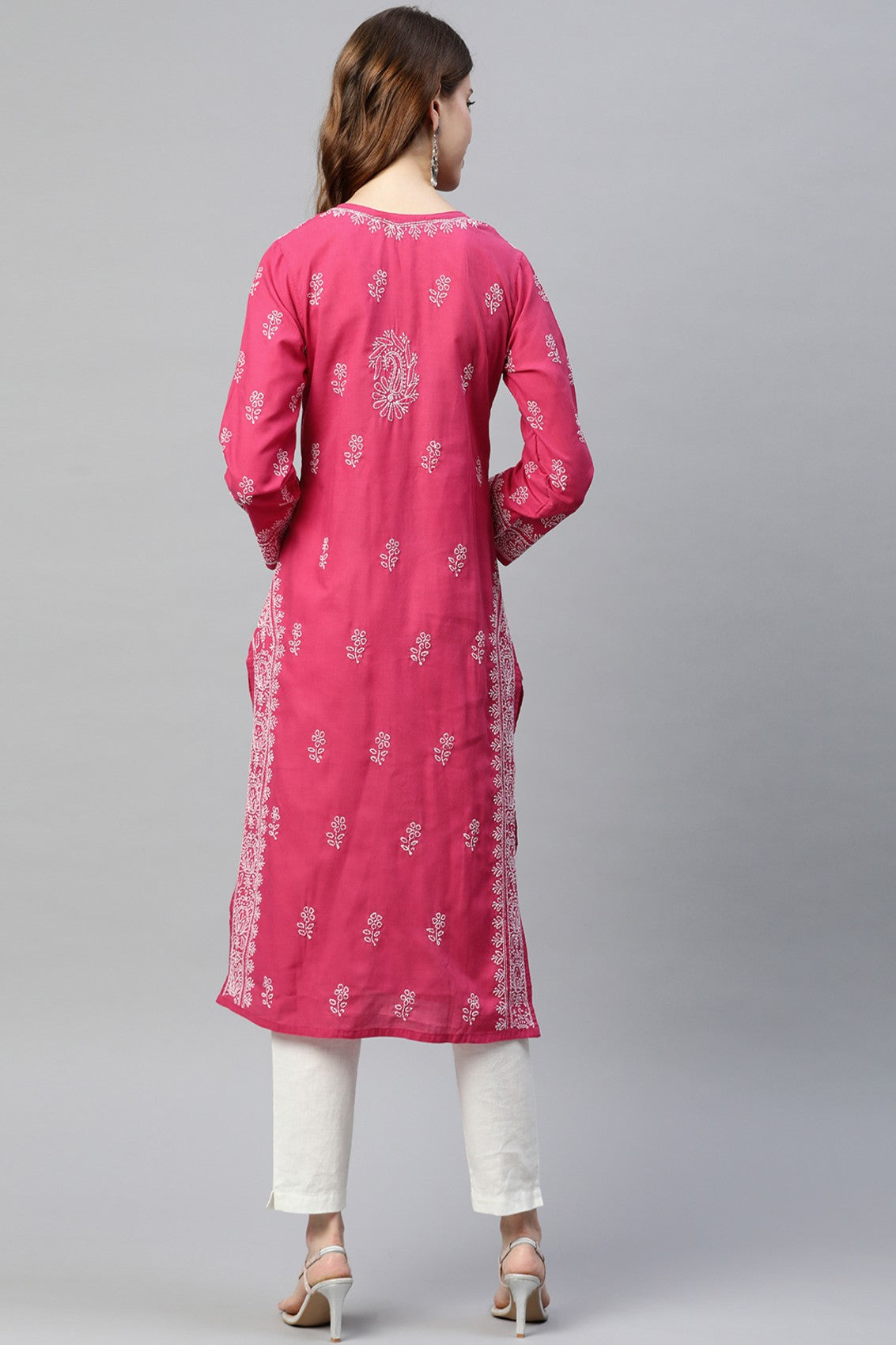 Ada Hand Embroidered Magenta Cotton Lucknowi Chikankari Straight Kurta A220716