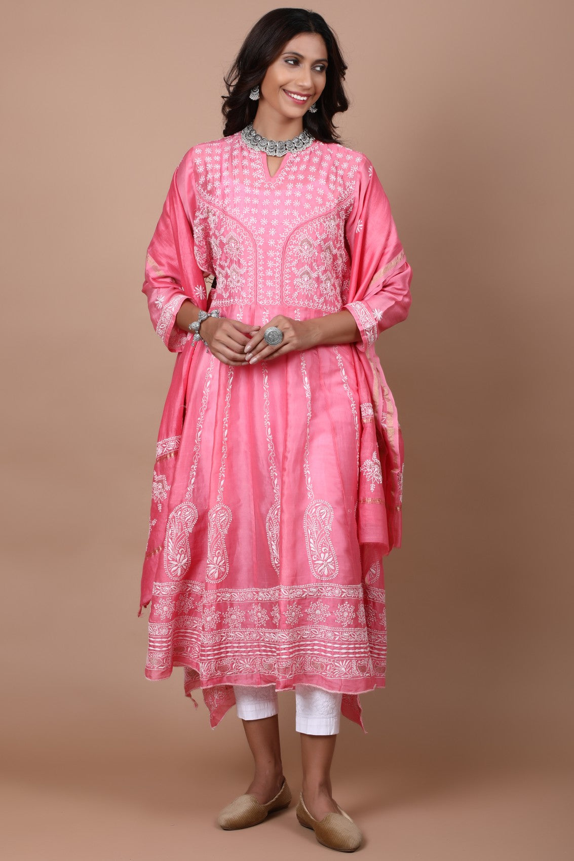 Ada Hand Embroidered Pink Chanderi Lucknowi Chikankari Semi-Stitched Anarkali Kurta Dupatta Set With Zari Work 01A205804