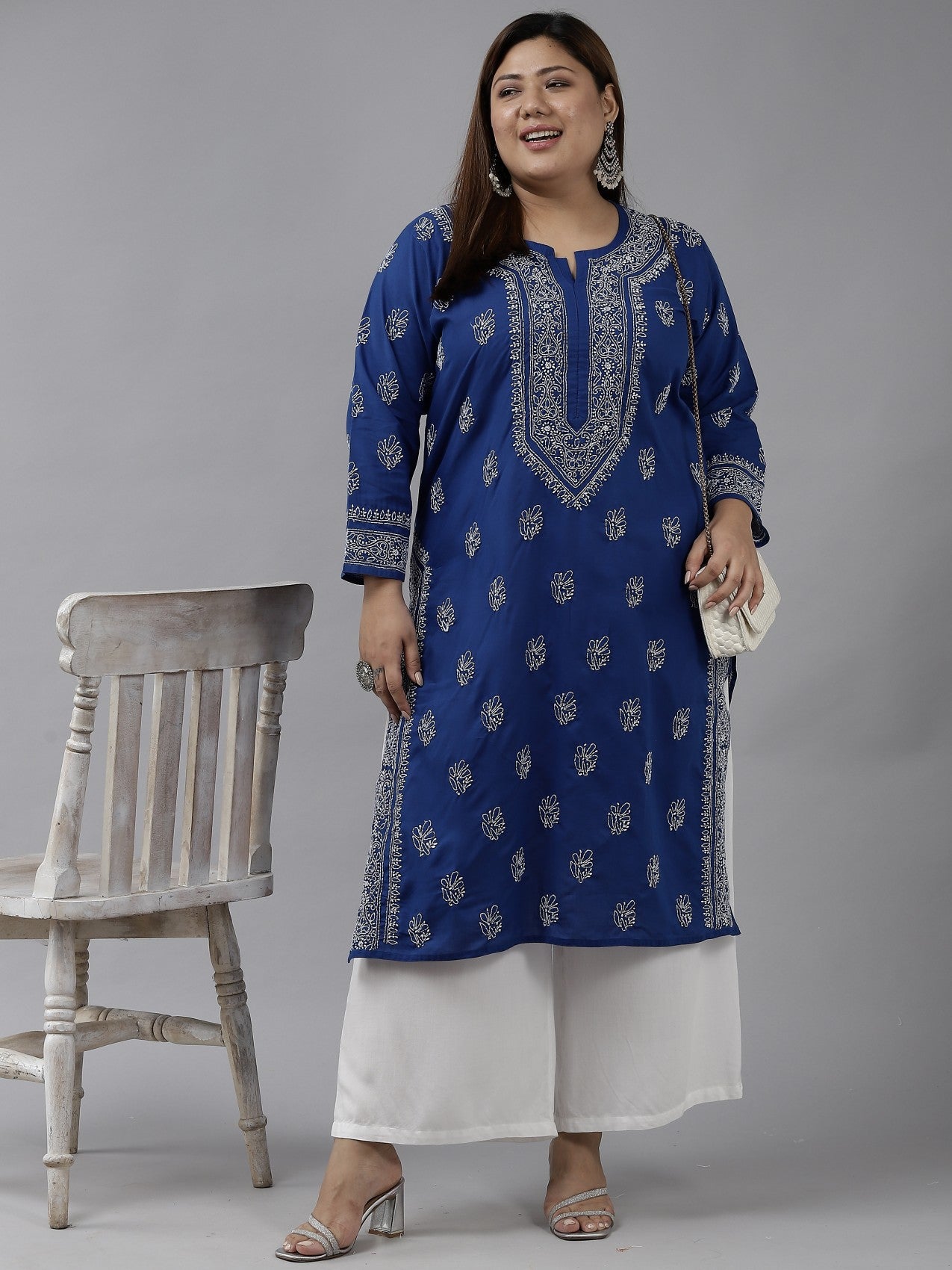 Ada Hand Embroidered Royal Blue Cotton Lucknowi Chikankari Straight Kurta A100458