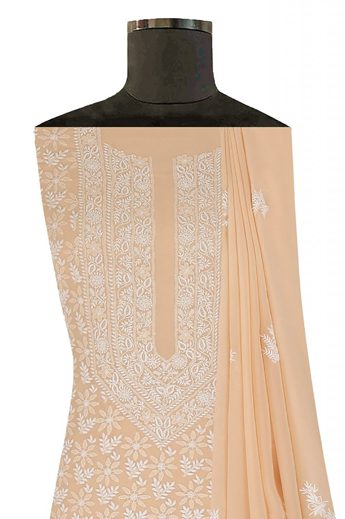Ada Hand Embroidered Beige Pure Georgette Lucknowi Chikankari Unstitched Kurta Dupatta Set A1114
