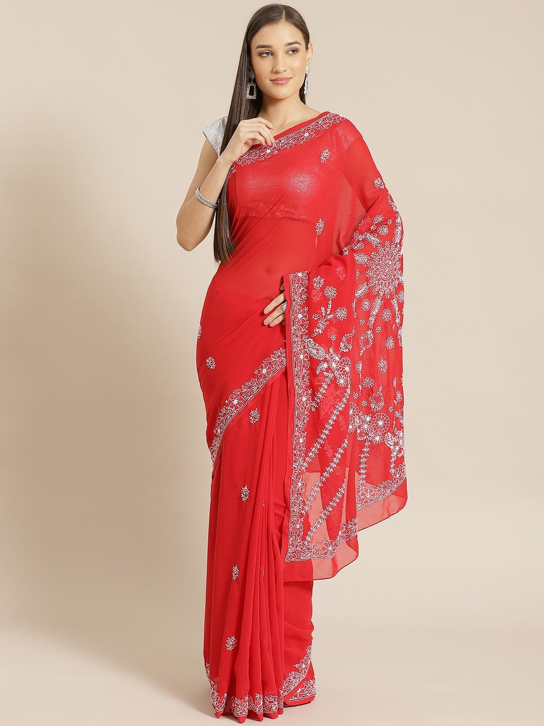 Ada Hand Embroidered Red Georgette Lucknowi Chikankari Saree with Blouse A138793