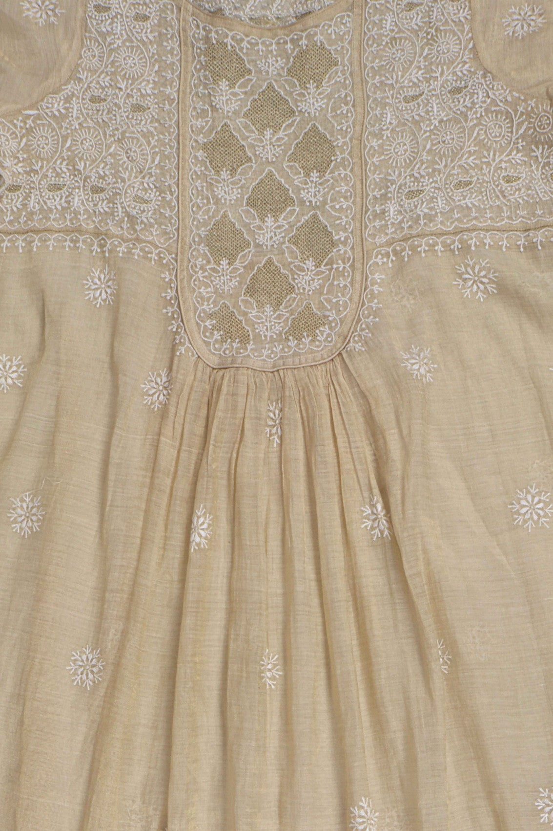Ada Hand Embroidered Natural Fawn Tissue Lucknowi Chikankari Semi-Stitched Anarkali Kurta Dupatta Set 01A213937