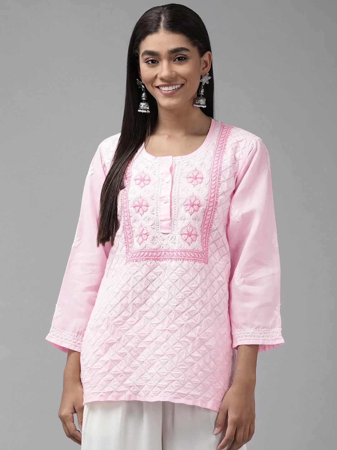 Ada Hand Embroidered Baby Pink Cotton Lucknowi Chikankari Straight Kurti A911241