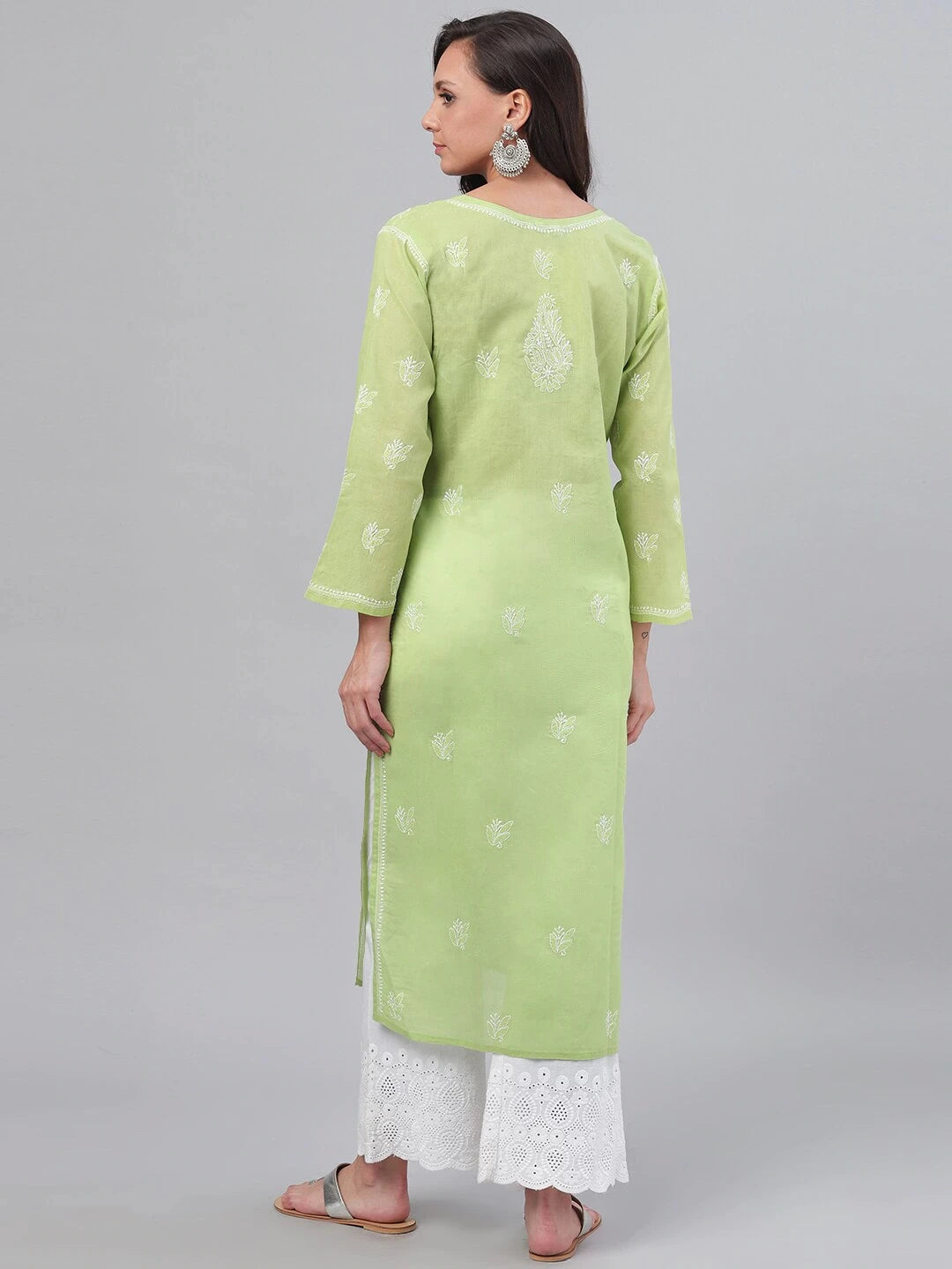Ada Hand Embroidered Green Cotton Lucknow Chikankari Straight Kurta A133643