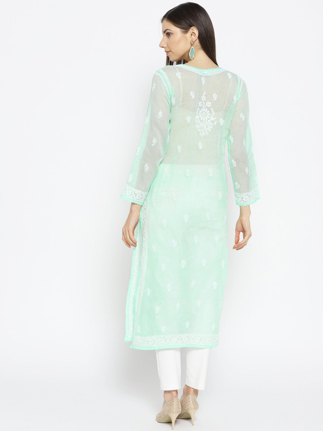 Ada Hand Embroidered Sea Green Kota Lucknow Chikankari Straight Kurta With Slip A100120