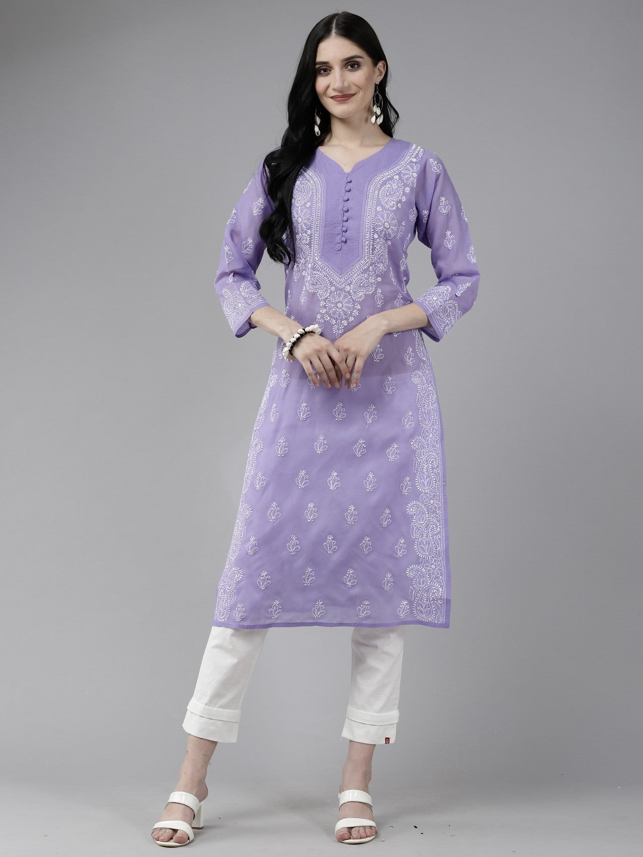 Ada Hand Embroidered Mauve Cotton Lucknowi Chikankari Straight Kurta A175579