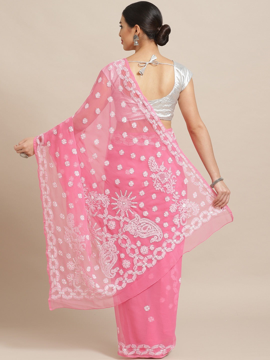 Ada Hand Embroidered Pink Georgette Lucknowi Chikankari Saree with Blouse A219455