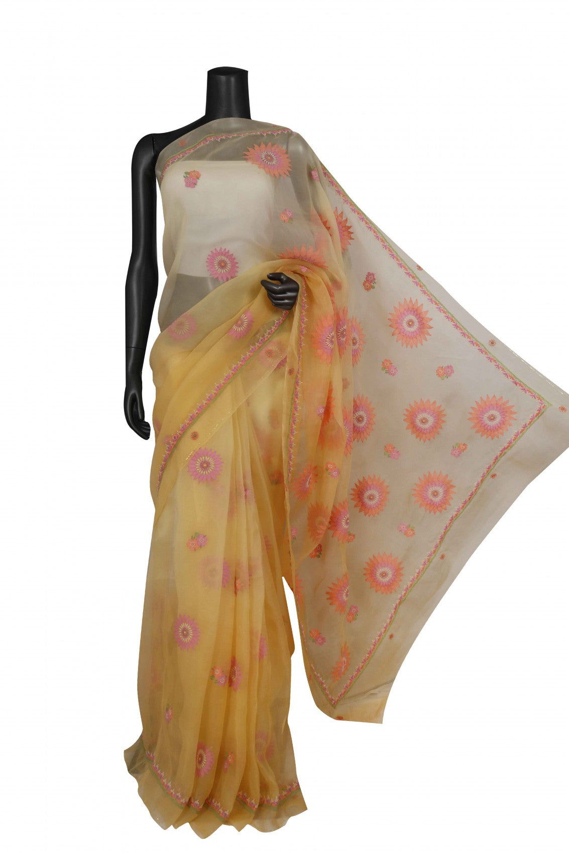 Ada Hand Embroidered Yellow Organza Lucknowi Chikankari Saree With Blouse 01A206137