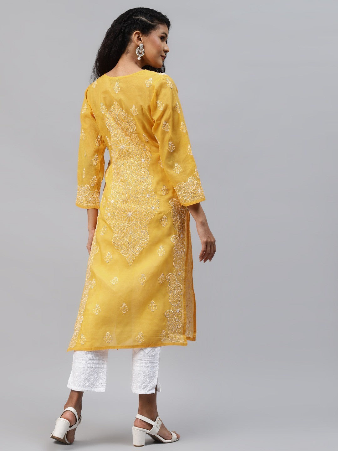 Ada Hand Embroidered Mustard Cotton Lucknow Chikankari Straight Kurta A263262