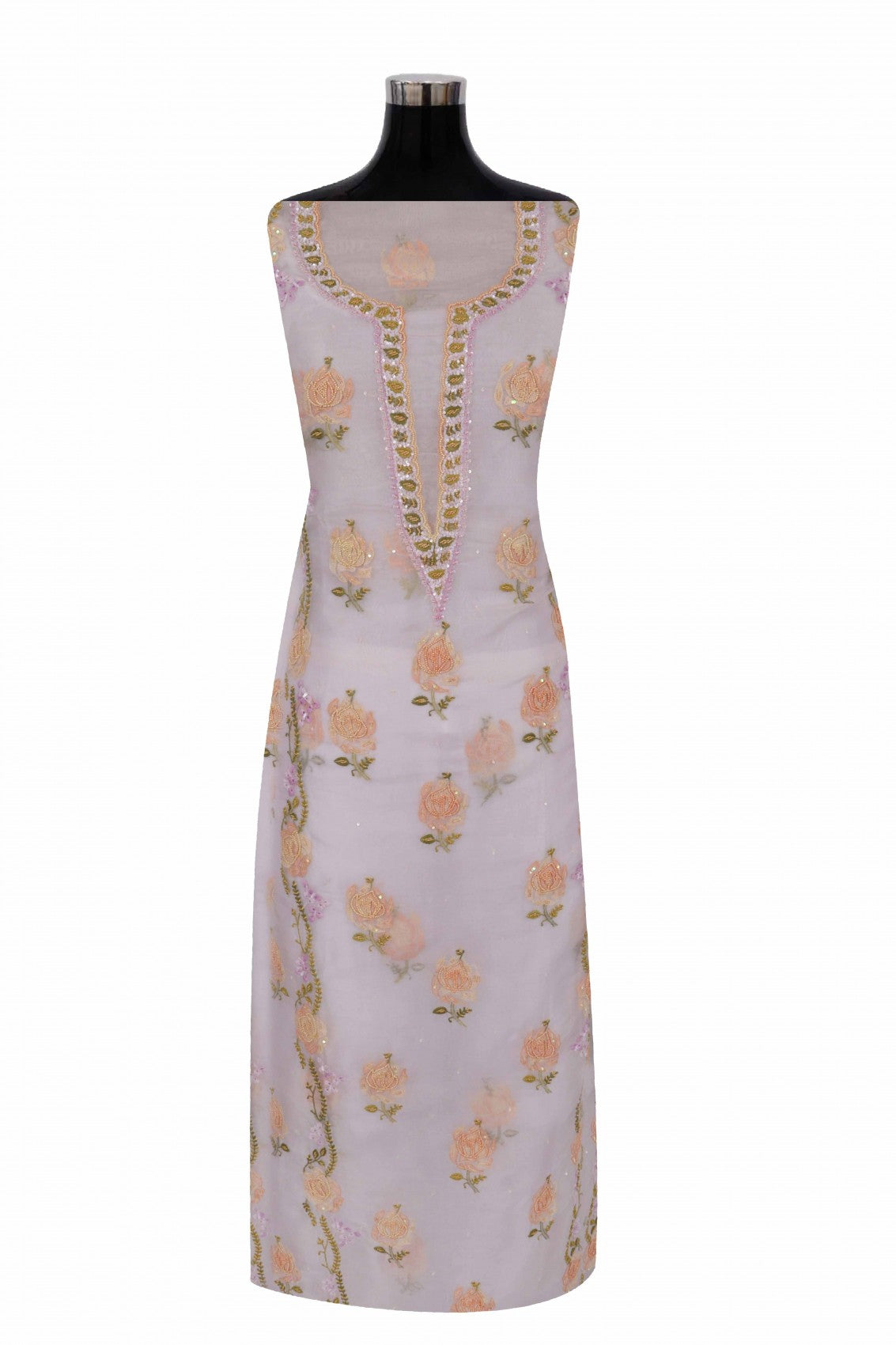 Ada Hand Embroidered Light Mauve Organza Lucknowi Chikankari Unstitched Kurta Dupatta Set With Pearl Work 01A140637