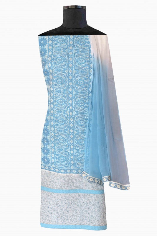 Ada Hand Embroidered Blue Cotton Lucknowi Chikan Unstitched Suit Piece A622466