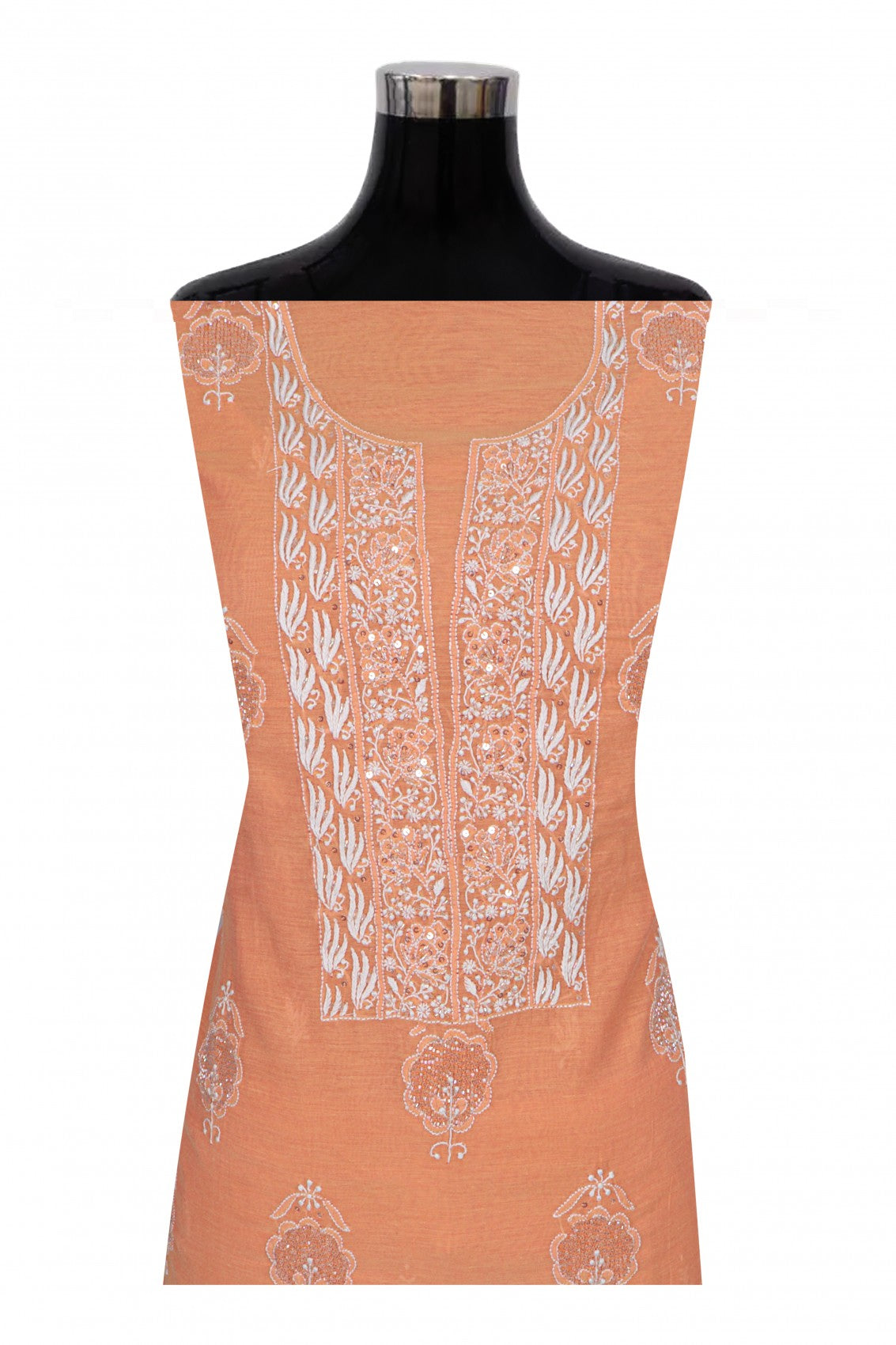 Ada Hand Embroidered Peach Chanderi Lucknowi Chikankari Unstitched Kurta Dupatta Set With Cutdana Work 01A196838