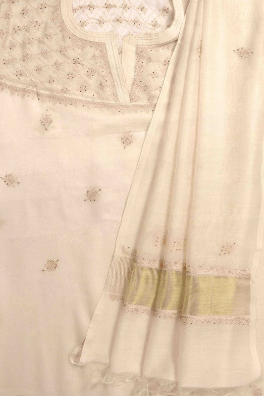 Ada Hand Embroidered Cream Chanderi Lucknowi Chikan Unstitched Kurta Dupatta Set A595357
