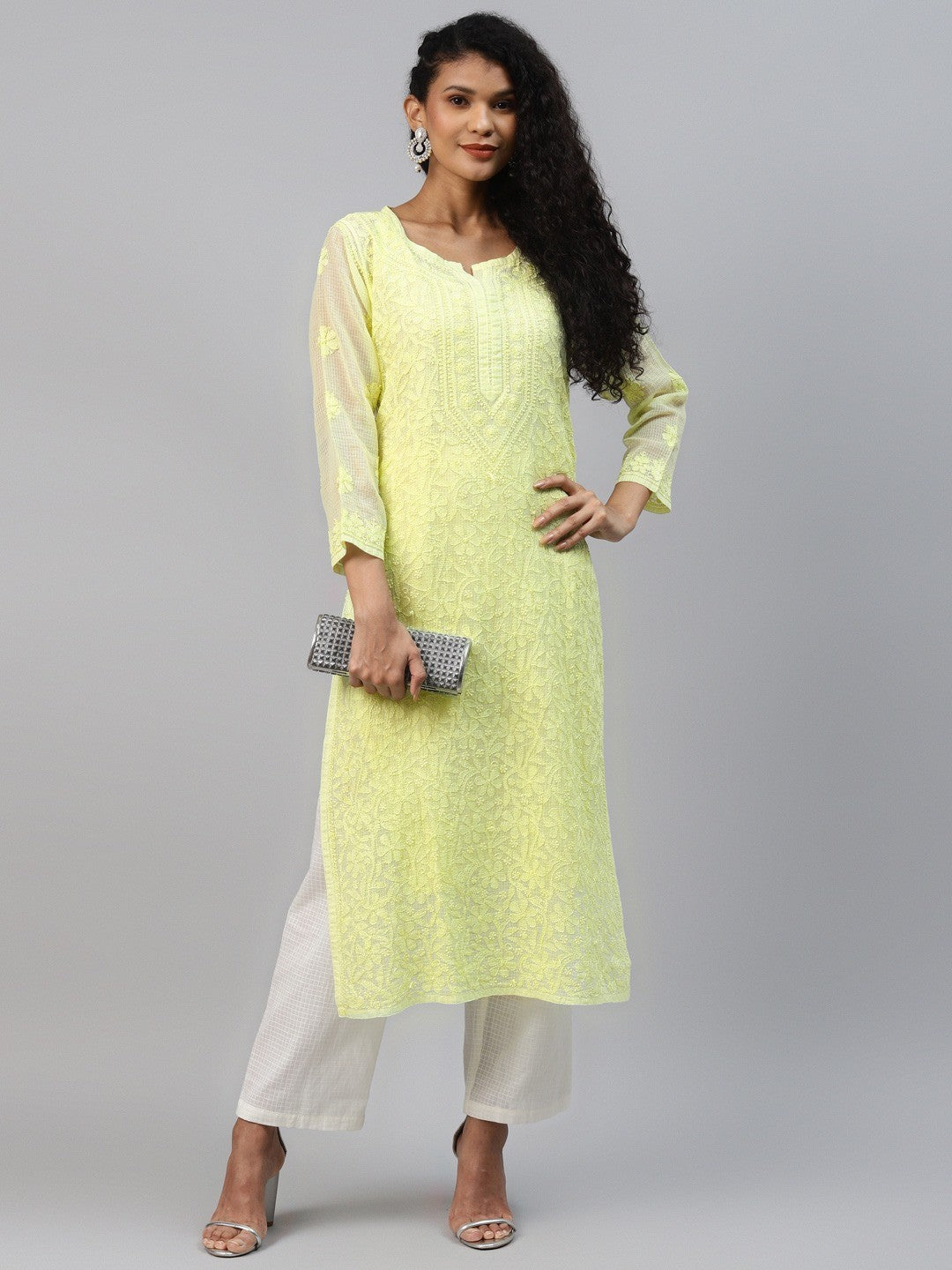 Ada Hand Embroidered Lime Green Kota Lucknow Chikankari Straight Kurta With Slip A411216