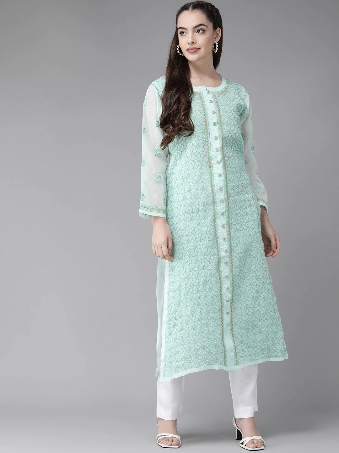 Ada Hand Embroidered Sea Green Cotton Lucknow Chikan Straight Kurta A411245