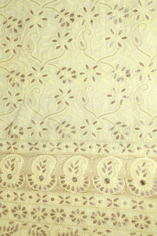 Ada Hand Embroidered Lemon Georgette Lucknowi Chikan Unstitched Kurta Dupatta Set With Gota Patti Work- A613195
