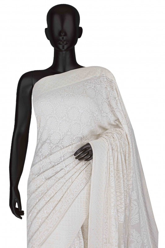 Ada Hand Embroidered Smoky White Pure Georgette Lucknowi Chikankari Saree with Blouse A593631