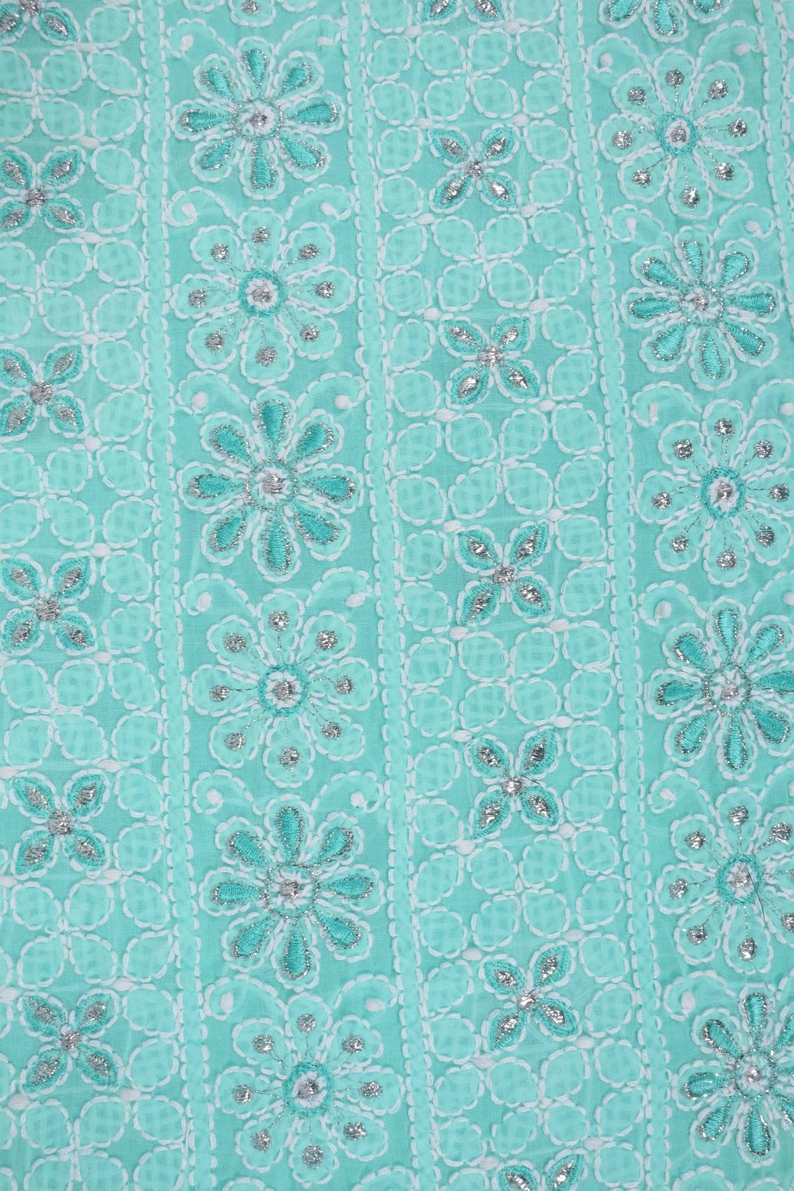 Ada Hand Embroidered Sea Green Cotton Lucknowi Chikankari Unstitched Suit Piece With Silver Lurex 01A220599