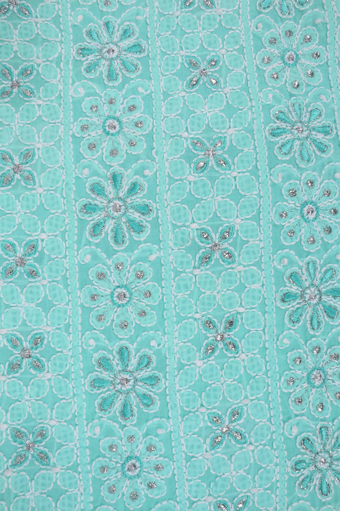 Ada Hand Embroidered Sea Green Cotton Lucknowi Chikankari Unstitched Suit Piece With Silver Lurex 01A220599