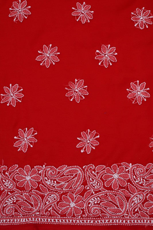 Ada Hand Embroidered Red Georgette Lucknowi Chikan Unstitched Suit Piece A516825