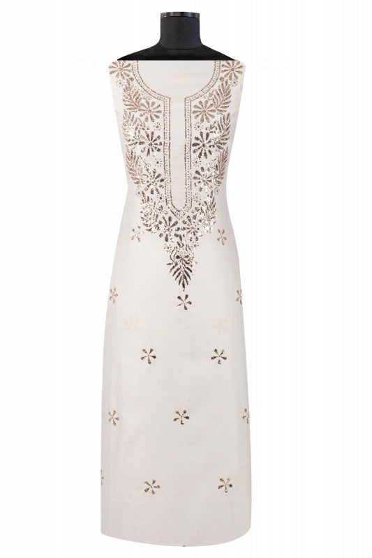 Ada Hand Embroidered White Chanderi Lucknowi Chikankari Unstitched Kurta Dupatta Set With Muqaish Work 01A40918