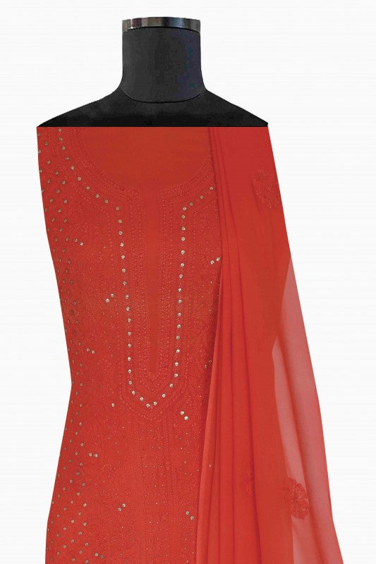 Ada Hand Embroidered Carrot Pink Georgette Lucknowi Chikan Unstitched Kurta Dupatta Set with Muqaish Work A579355