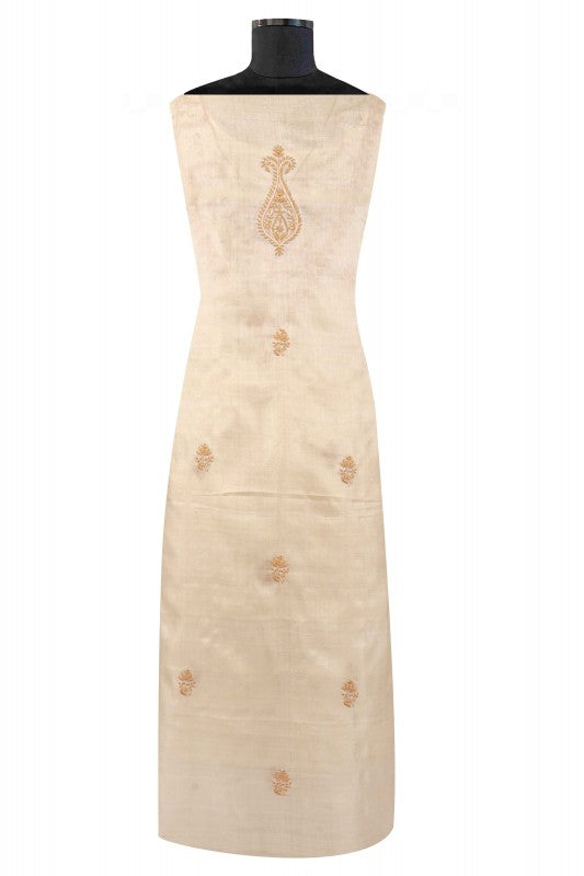 Ada Hand Embroidered Natural Fawn Tussar Silk Lucknowi Chikan Unstitched Kurta Piece A58146