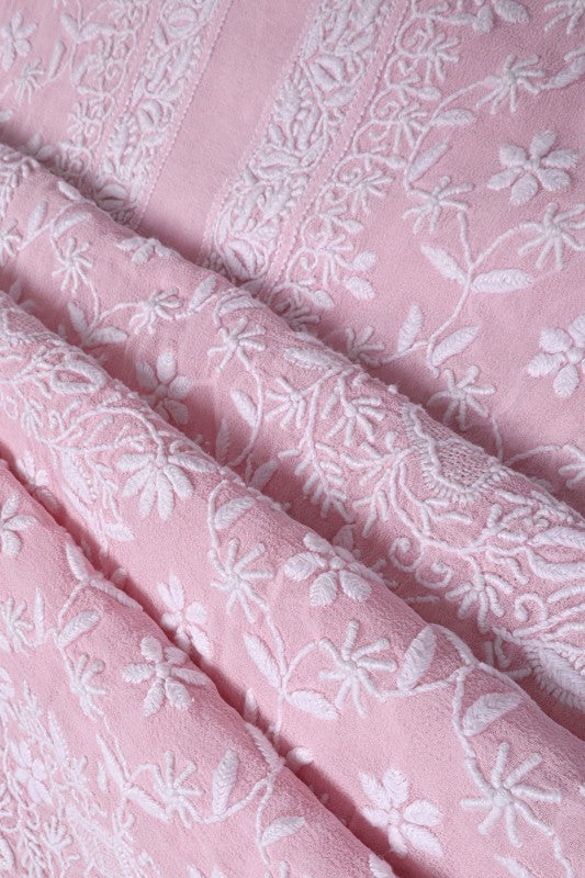 Ada Hand Embroidered Baby Pink Pure Georgette Lucknowi Chikan Unstitched Kurta Piece A21481