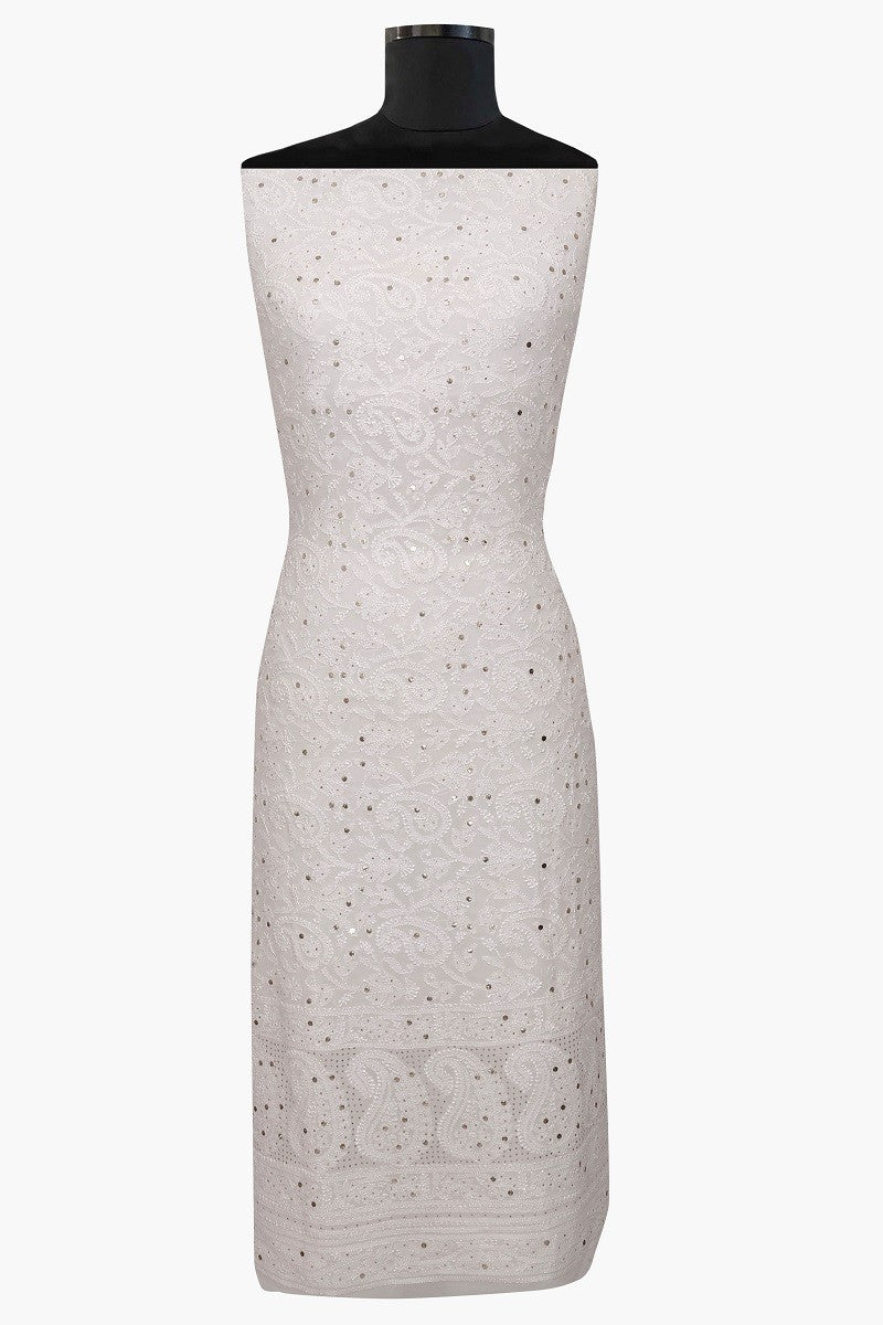 Ada Hand Embroidered White Georgette Lucknowi Chikan Unstitched Kurta Piece With Muqaish Work A597697