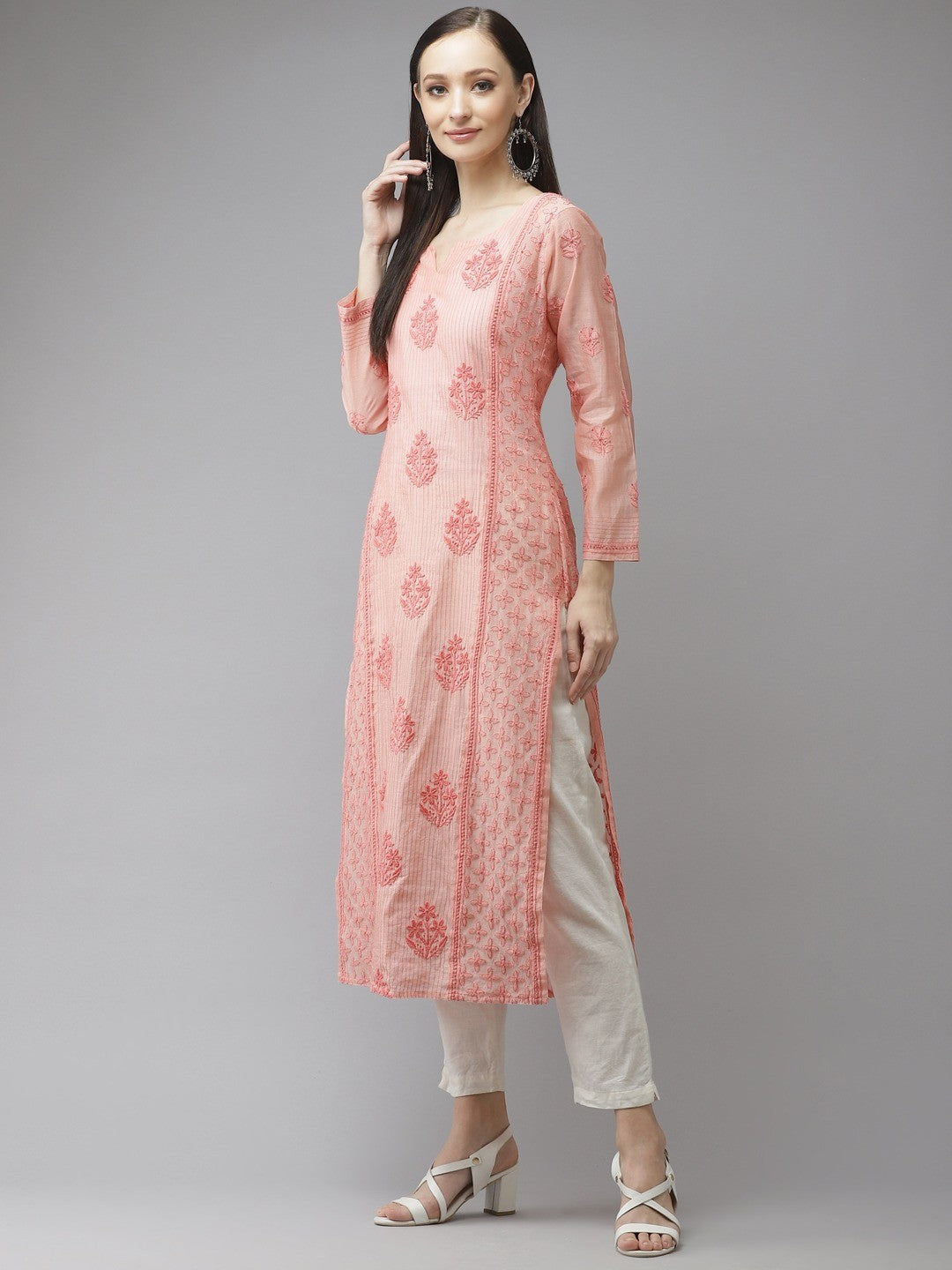 Ada Hand Embroidered Peach Chanderi Lucknow Chikankari Kurta-A411312