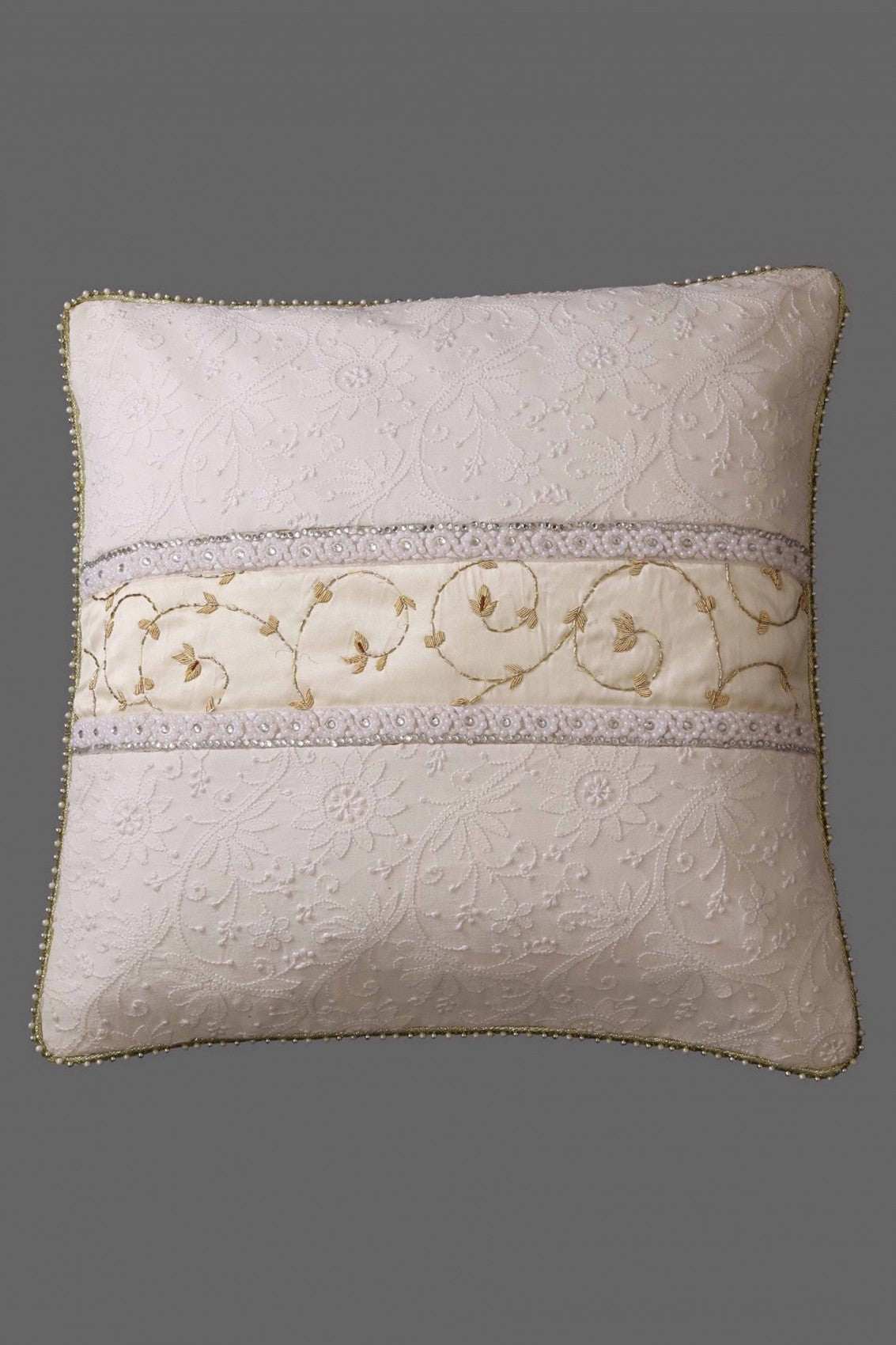 Ada Hand Embroidered White Pure Georgette Lucknow Chikankari Cushion Cover With Pearl Work Set Of 2 A340615
