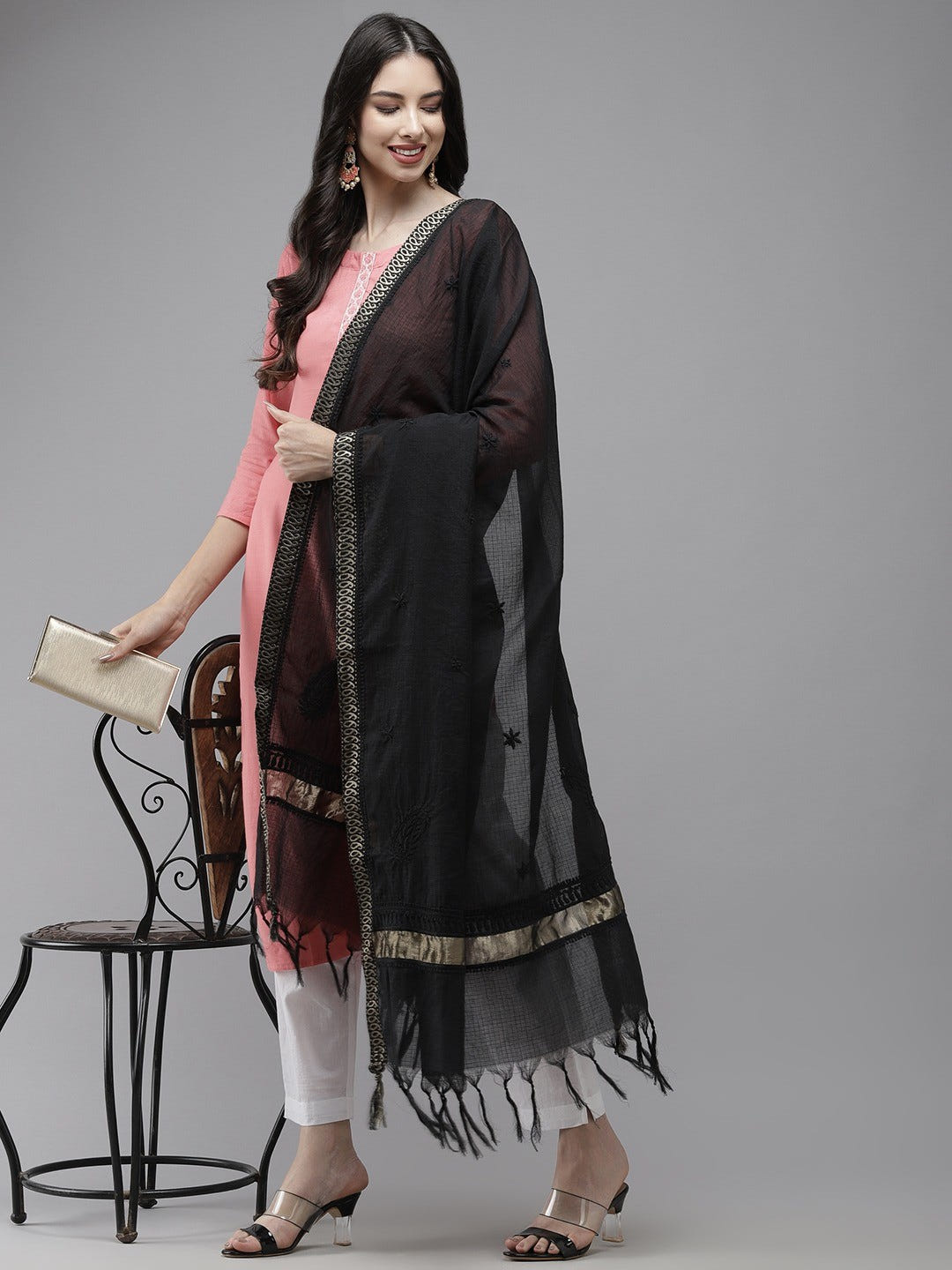 Ada Hand Embroidered Black Kota Lucknowi Chikankari Dupatta -A511206