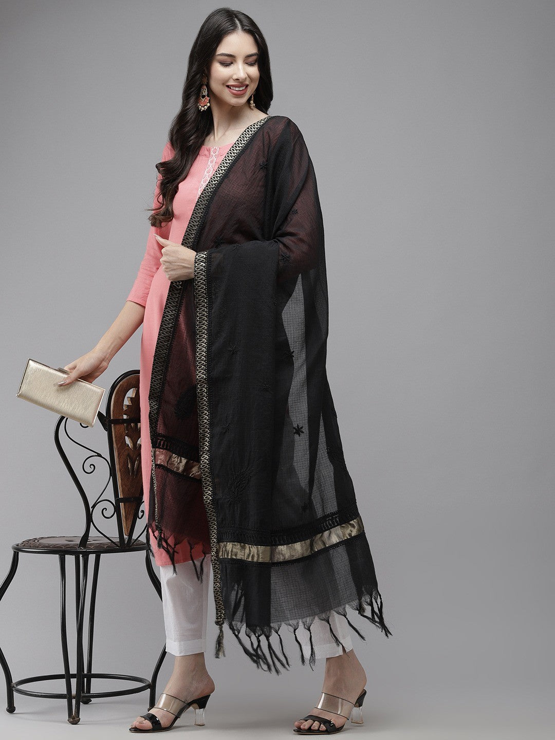 Ada Hand Embroidered Black Kota Lucknowi Chikankari Dupatta -A511206