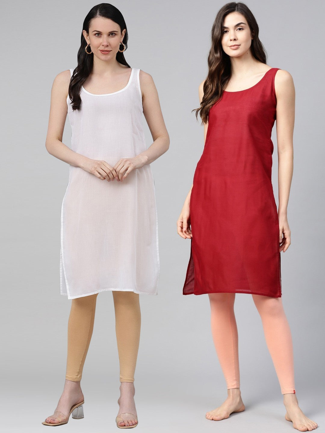 Ada White And Maroon Cotton Long Slips Combo of 2 A111135.