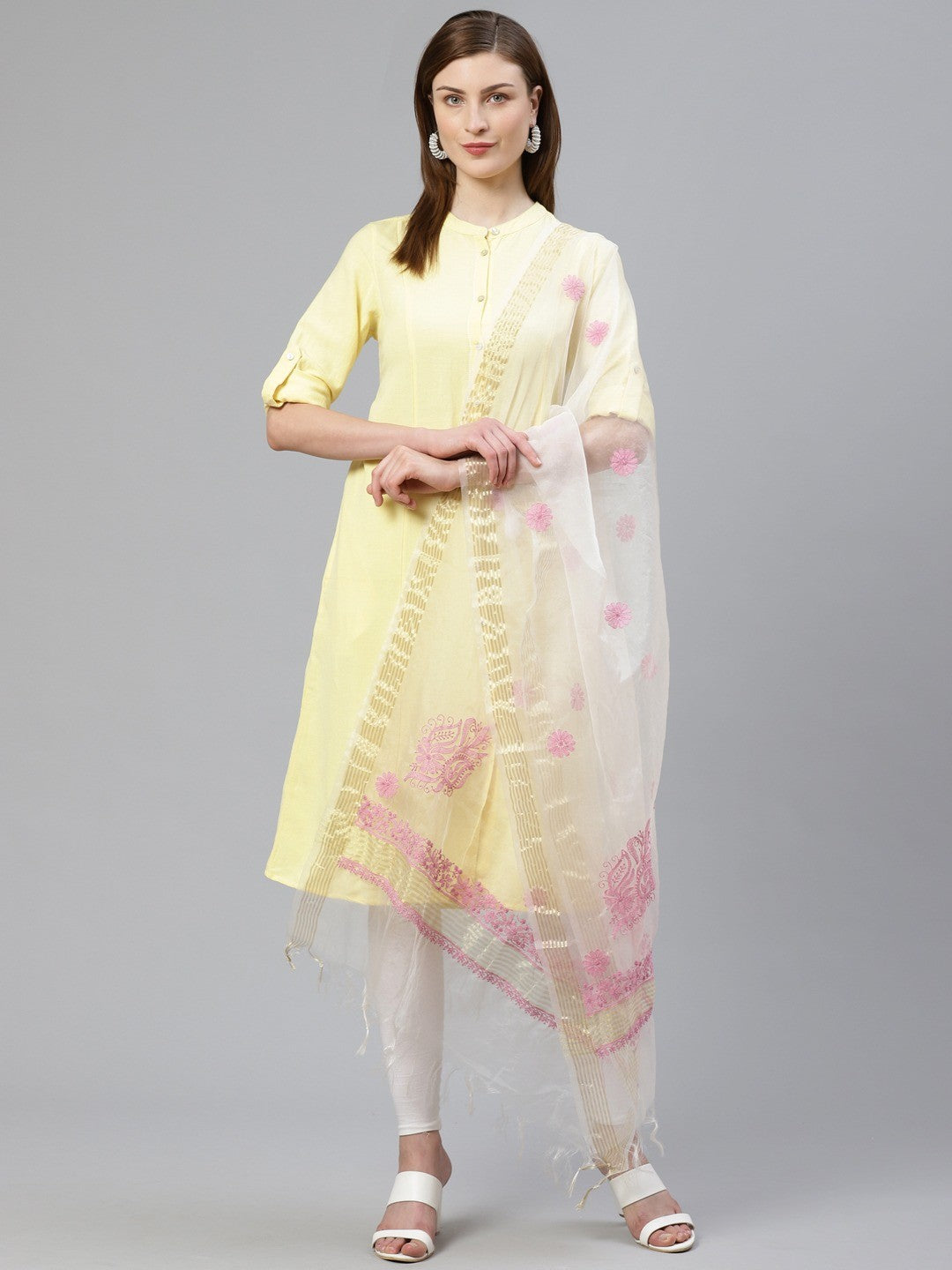Ada Hand Embroidered White Organza Lucknow Chikan Dupatta- A100443