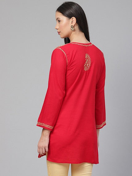 Ada Hand Embroidered Red Cotton Lucknowi Chikankari Straight Kurti A250381