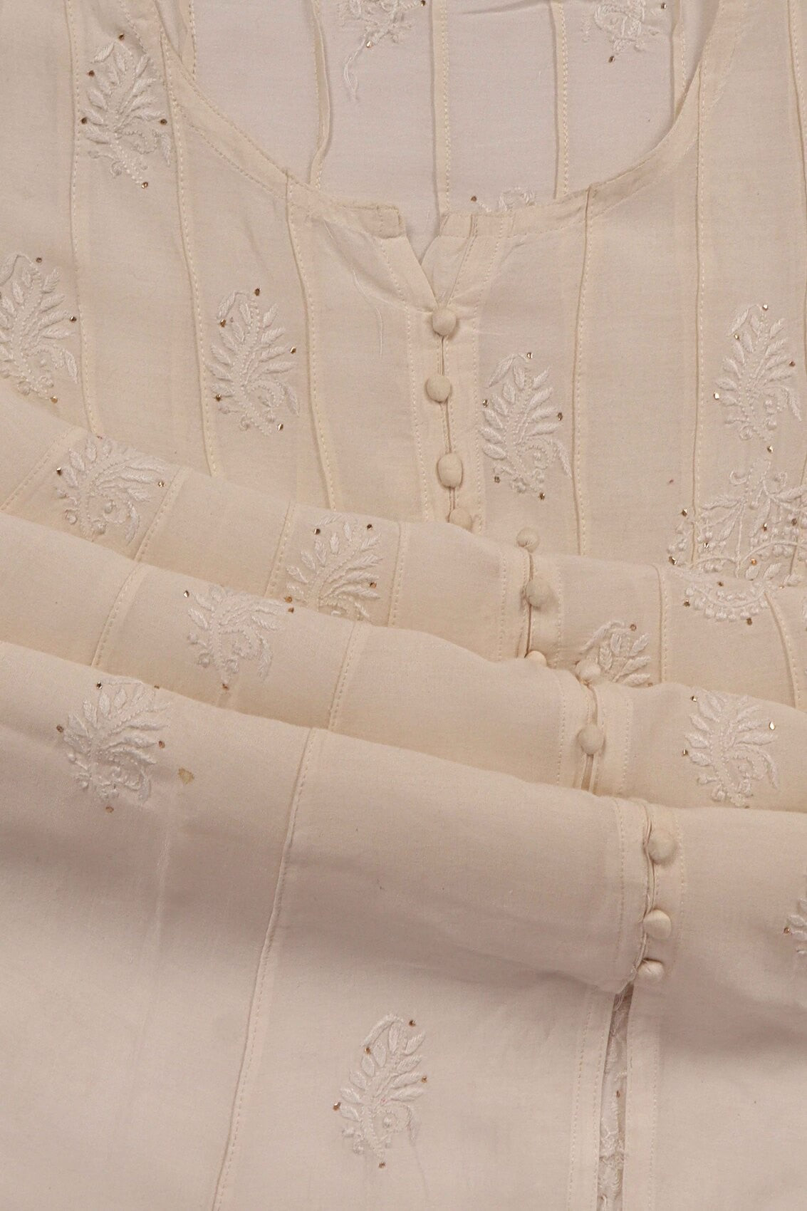 Ada Hand Embroidered Cream Chanderi Lucknowi Chikankari Unstitched Kurta Piece With Muqaish Work A601073