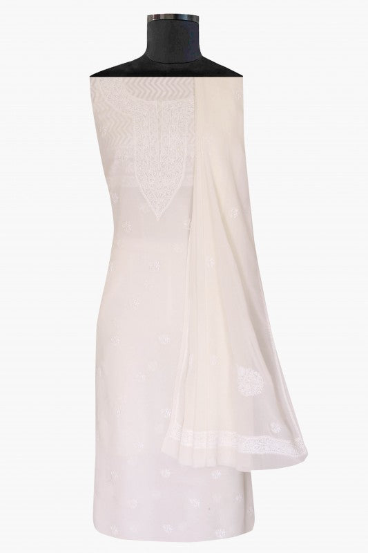 Ada Hand Embroidered White Pure Georgette Lucknowi Chikan Unstitched Kurta Dupatta Set A467217