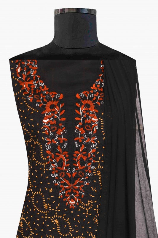 Ada Hand Embroidered Black Cotton Lucknowi Chikan Unstitched Suit Piece A211110