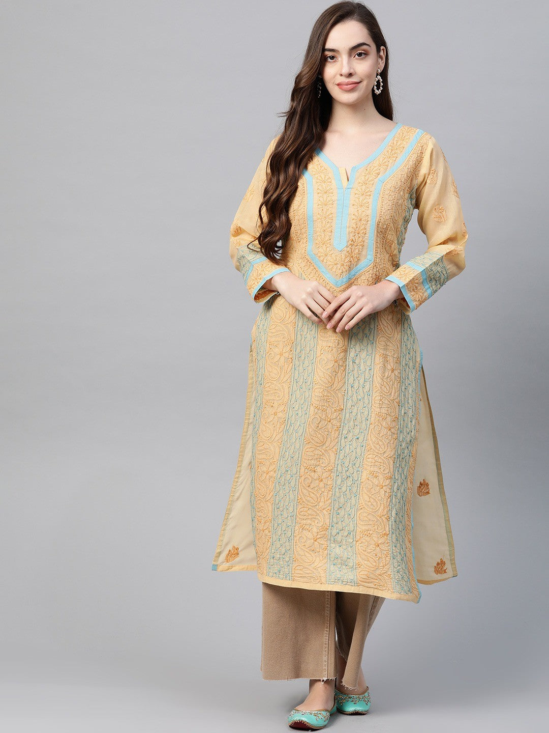 Ada Hand Embroidered Fawn Cotton Lucknowi Chikankari Straight Kurta A273457