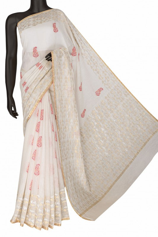 Ada Hand Embroidered Cream Chanderi Lucknowi Chikankari Saree With Blouse A103419