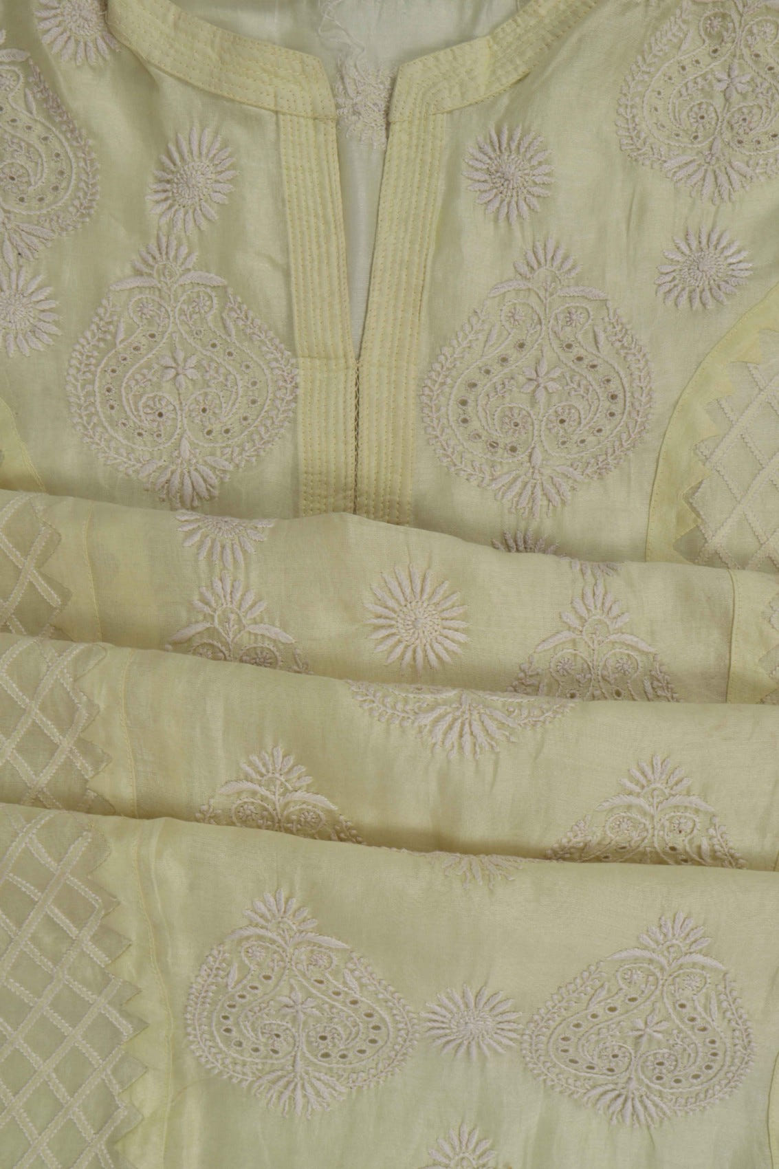 Ada Hand Embroidered Lemon Chanderi Lucknowi Chikankari Semi-Stitched Anarkali Kurta Dupatta Set A497281