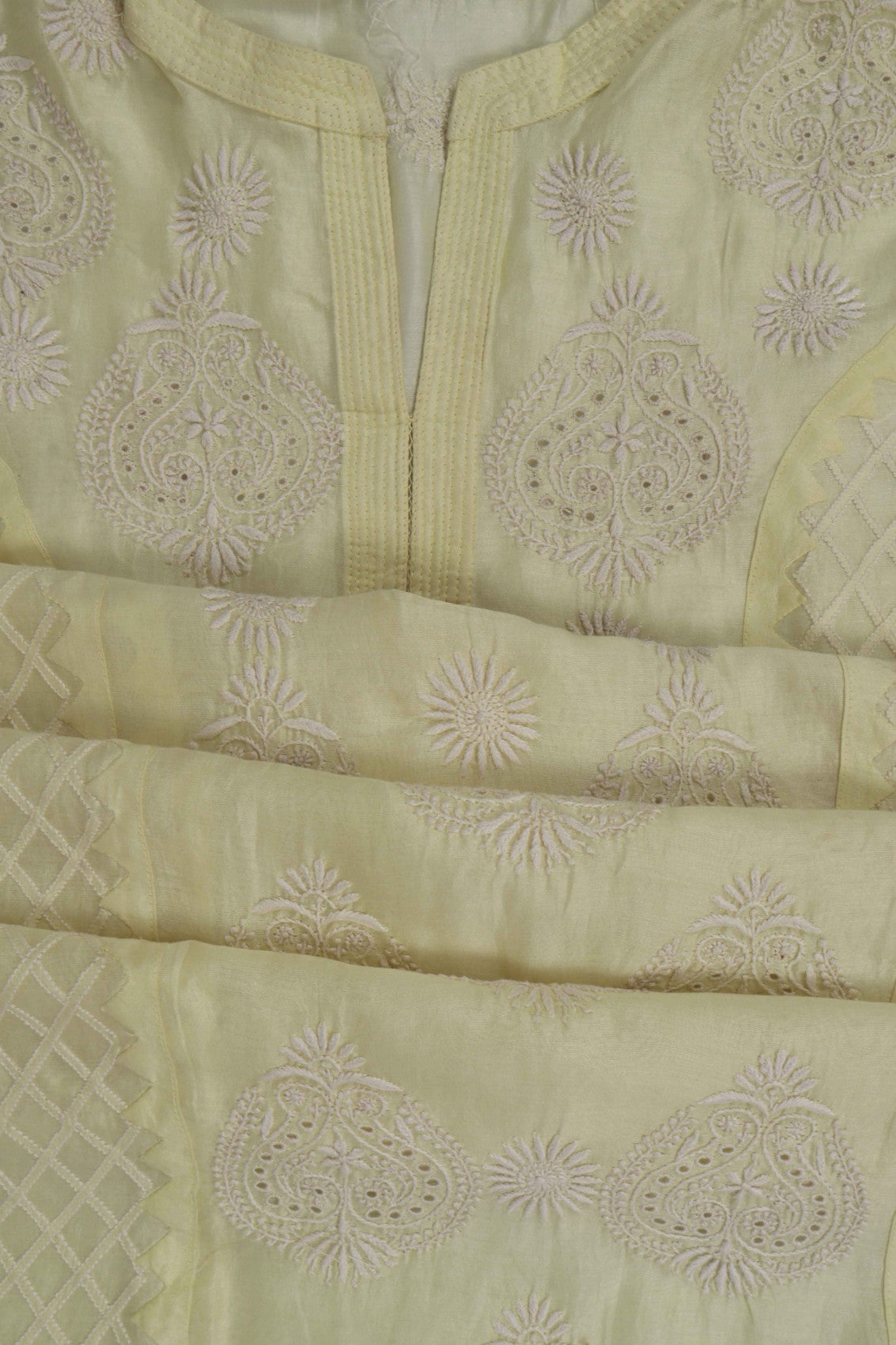 Ada Hand Embroidered Lemon Chanderi Lucknowi Chikankari Semi-Stitched Anarkali Kurta Dupatta Set A497281