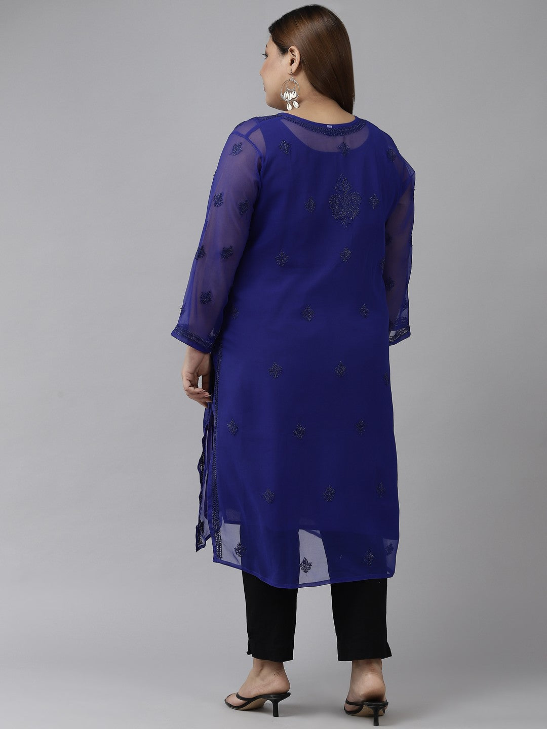 Ada Hand Embroidered Royal Blue Georgette Lucknow Chikan Kurta with Slip A229395