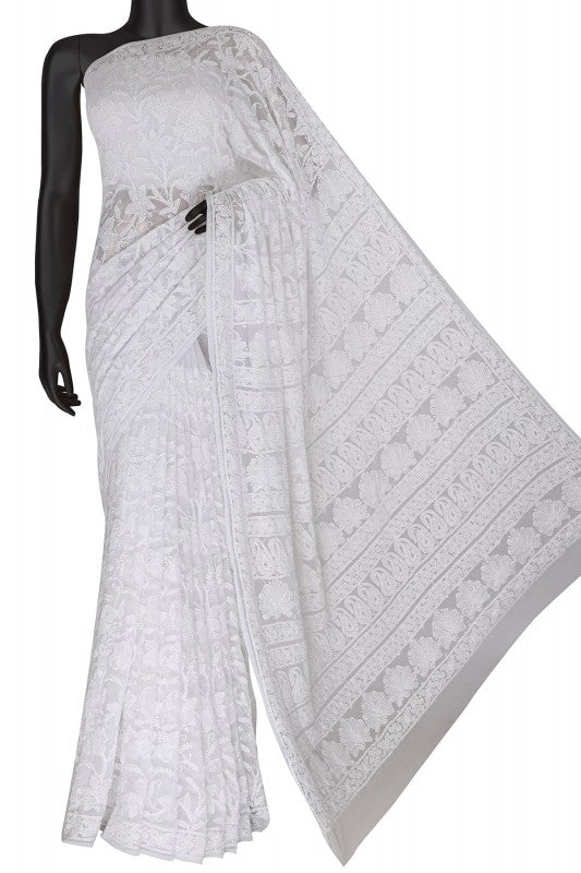 Ada Hand Embroidered White Georgette Lucknowi Chikankari Saree with Blouse A602895
